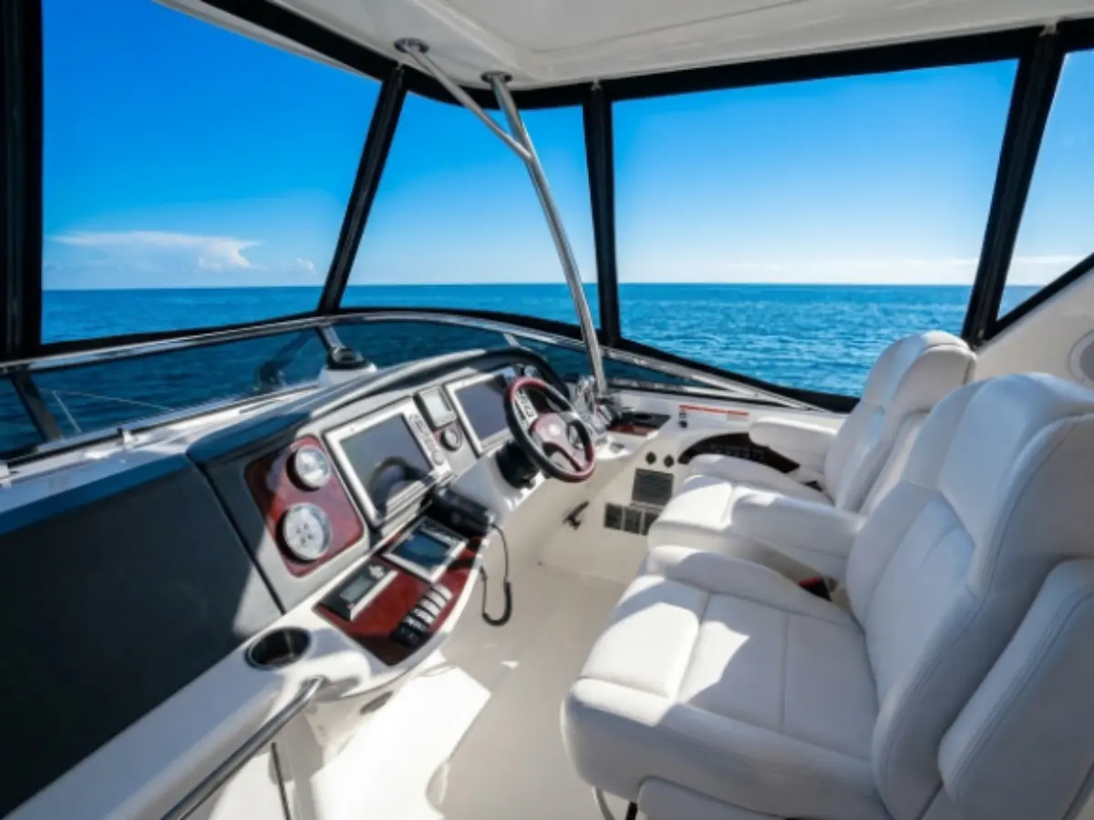 C Weed flybridge helm station and cockpit lounge