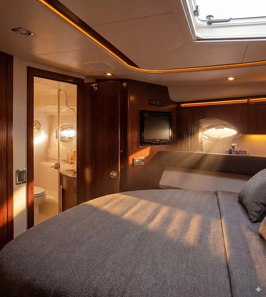 C Weed master suite with queen bed, warm lighting and mahogany accents